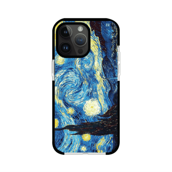 Funda para iPhone con diseño de La Noche Estrellada de Van Gogh. Ideal para amantes del arte clásico, con colores vibrantes en azul y amarillo que evocan una atmósfera mágica. Diseño exclusivo de Remark MX