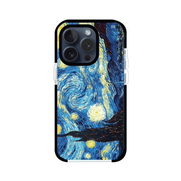 Funda para iPhone con diseño de La Noche Estrellada de Van Gogh. Ideal para amantes del arte clásico, con colores vibrantes en azul y amarillo que evocan una atmósfera mágica. Diseño exclusivo de Remark MX