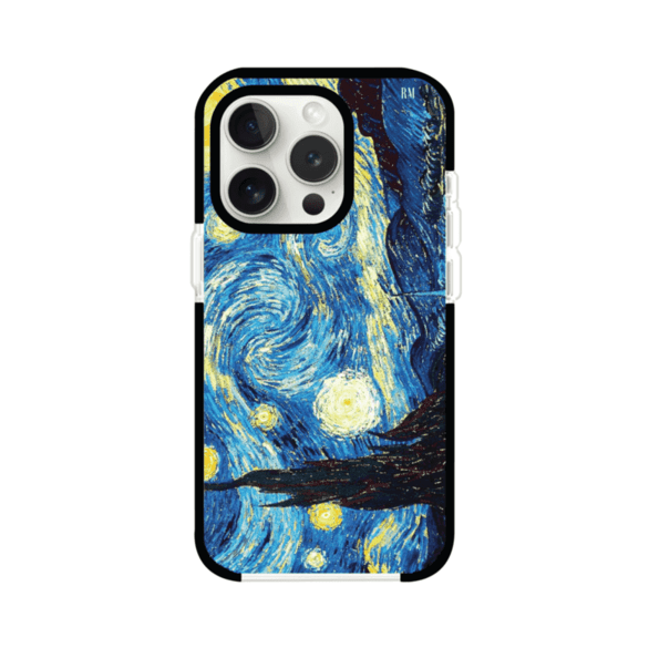Funda para iPhone con diseño de La Noche Estrellada de Van Gogh. Ideal para amantes del arte clásico, con colores vibrantes en azul y amarillo que evocan una atmósfera mágica. Diseño exclusivo de Remark MX