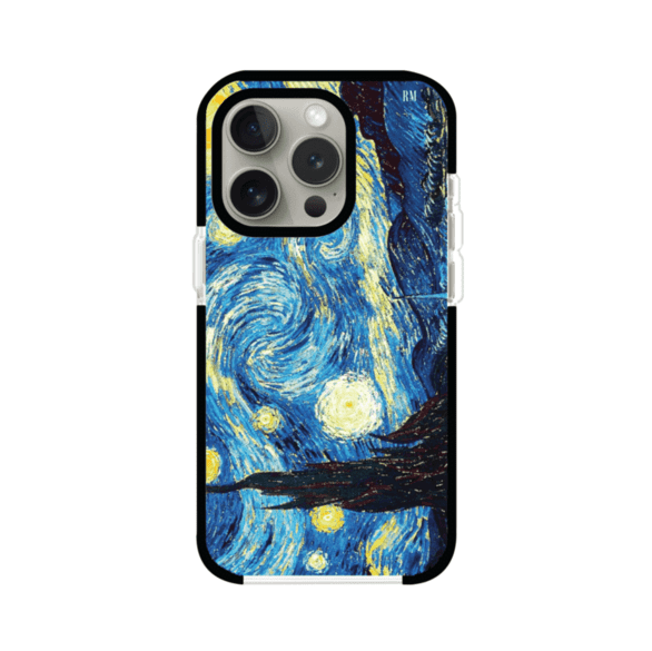 Funda para iPhone con diseño de La Noche Estrellada de Van Gogh. Ideal para amantes del arte clásico, con colores vibrantes en azul y amarillo que evocan una atmósfera mágica. Diseño exclusivo de Remark MX