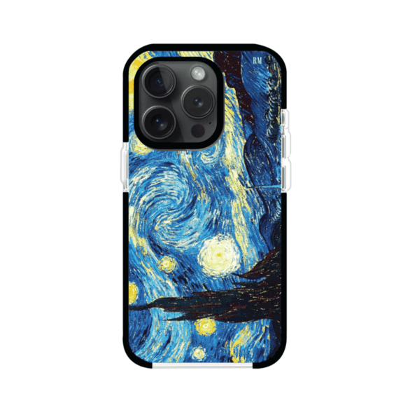 Funda para iPhone con diseño de La Noche Estrellada de Van Gogh. Ideal para amantes del arte clásico, con colores vibrantes en azul y amarillo que evocan una atmósfera mágica. Diseño exclusivo de Remark MX