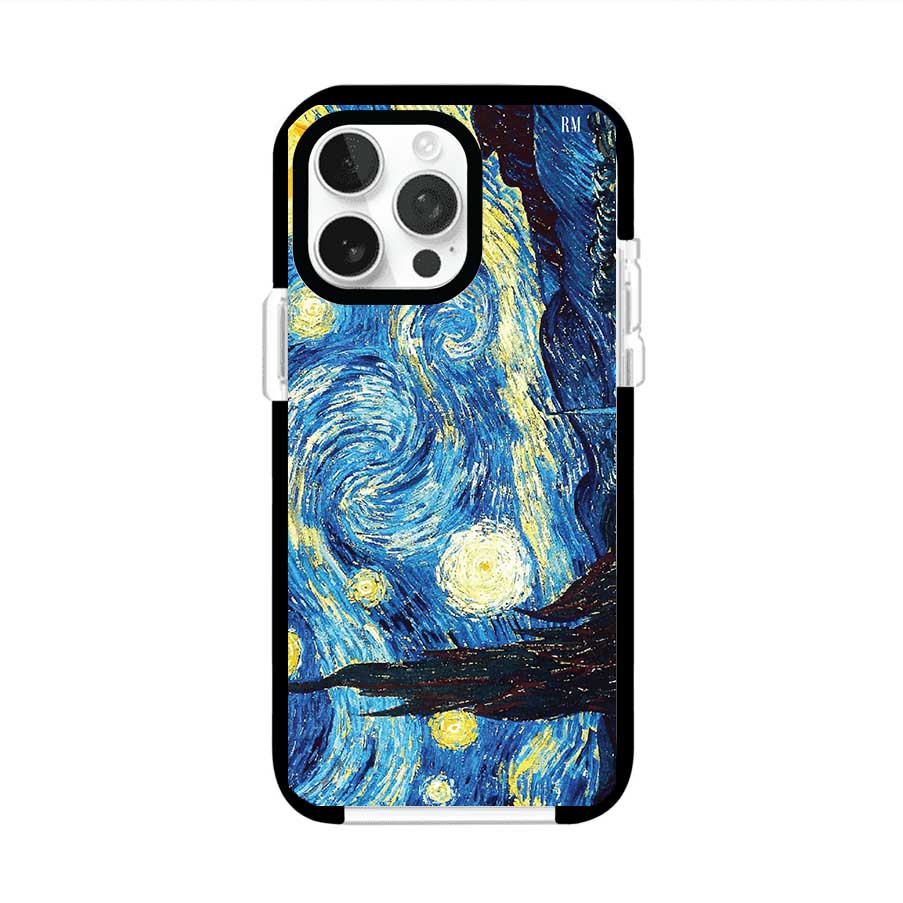 Funda para iPhone con diseño de La Noche Estrellada de Van Gogh. Ideal para amantes del arte clásico, con colores vibrantes en azul y amarillo que evocan una atmósfera mágica. Diseño exclusivo de Remark MX