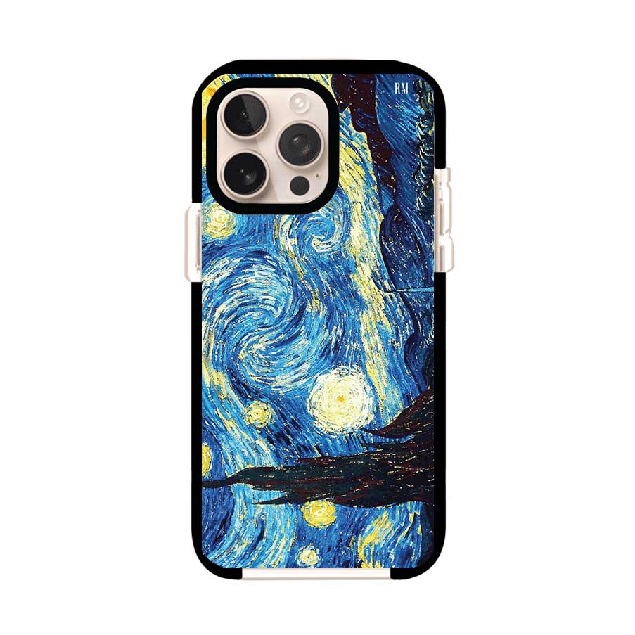 Funda para iPhone con diseño de La Noche Estrellada de Van Gogh. Ideal para amantes del arte clásico, con colores vibrantes en azul y amarillo que evocan una atmósfera mágica. Diseño exclusivo de Remark MX