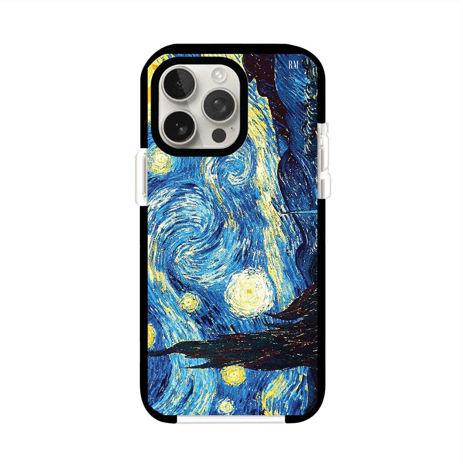 Funda para iPhone con diseño de La Noche Estrellada de Van Gogh. Ideal para amantes del arte clásico, con colores vibrantes en azul y amarillo que evocan una atmósfera mágica. Diseño exclusivo de Remark MX