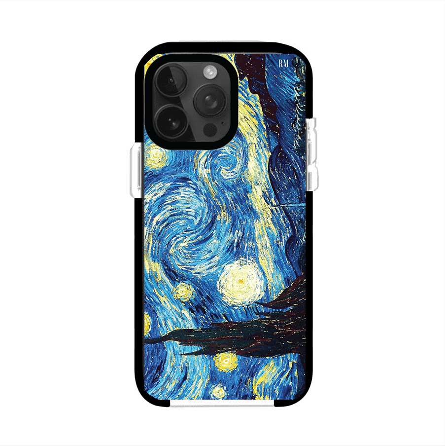 Funda para iPhone con diseño de La Noche Estrellada de Van Gogh. Ideal para amantes del arte clásico, con colores vibrantes en azul y amarillo que evocan una atmósfera mágica. Diseño exclusivo de Remark MX