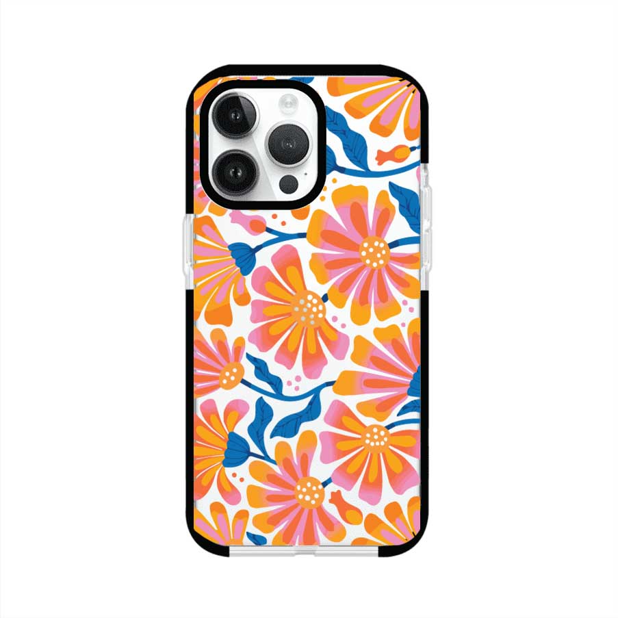 Funda personalizada para iPhone con diseño floral estilo Sunset Blossom en tonos naranjas, rosas y azules. Ideal para primavera/verano, producto de Remark MX