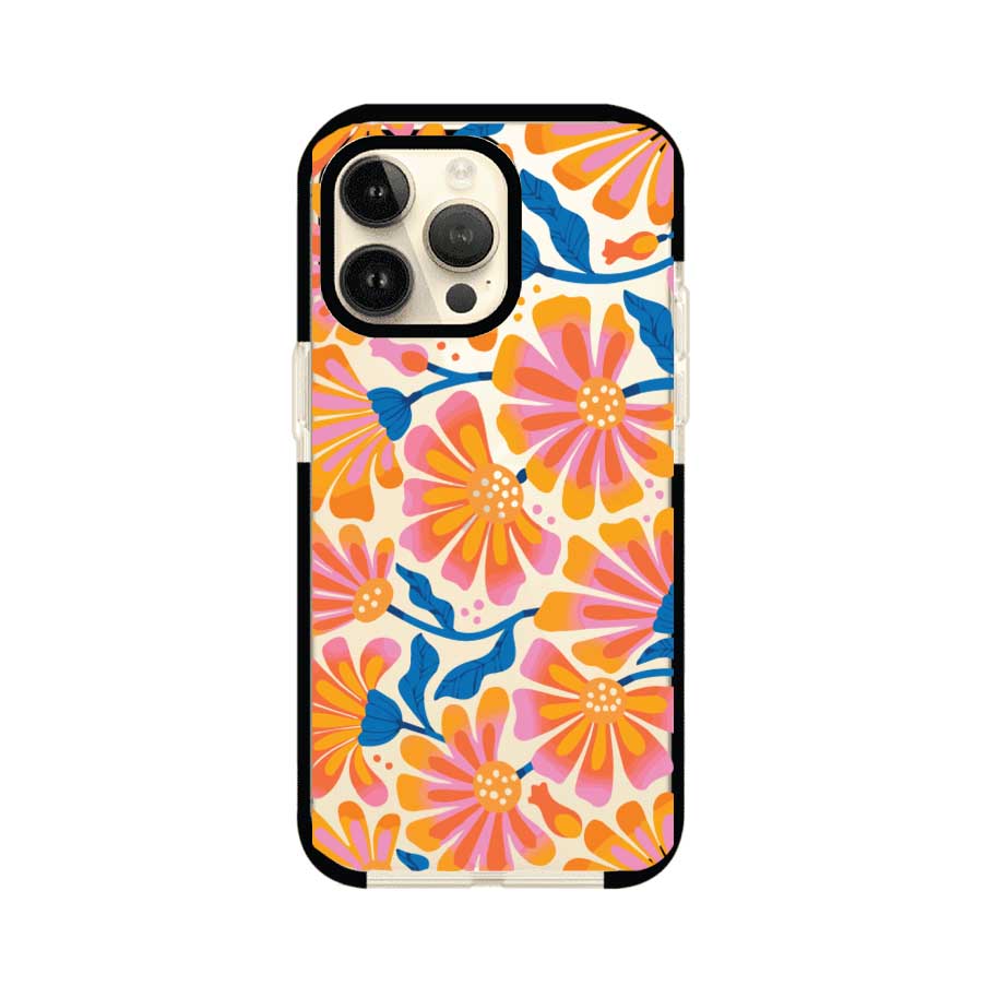Funda personalizada para iPhone con diseño floral estilo Sunset Blossom en tonos naranjas, rosas y azules. Ideal para primavera/verano, producto de Remark MX