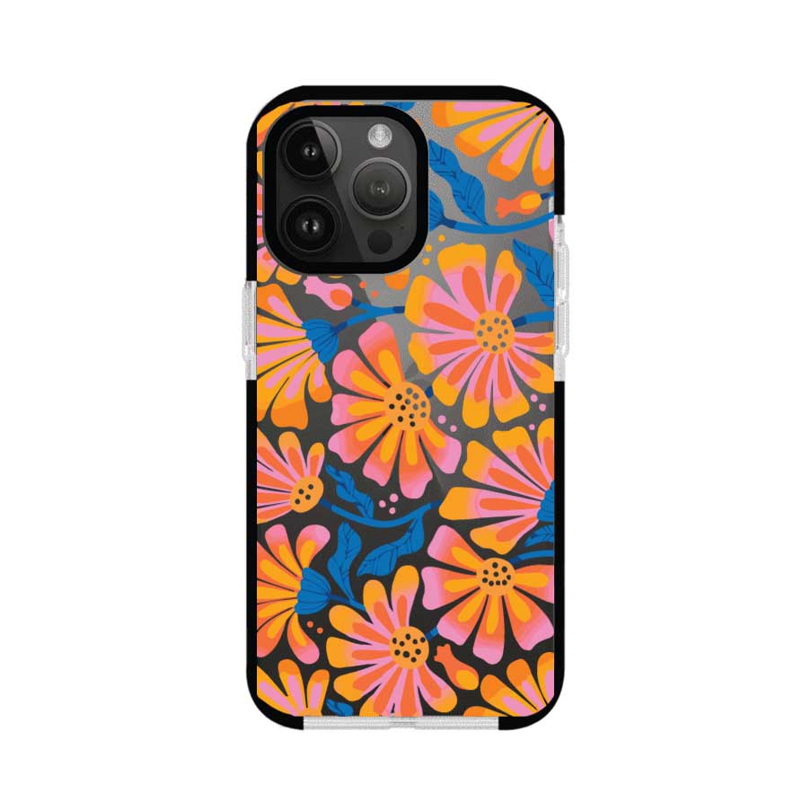 Funda personalizada para iPhone con diseño floral estilo Sunset Blossom en tonos naranjas, rosas y azules. Ideal para primavera/verano, producto de Remark MX