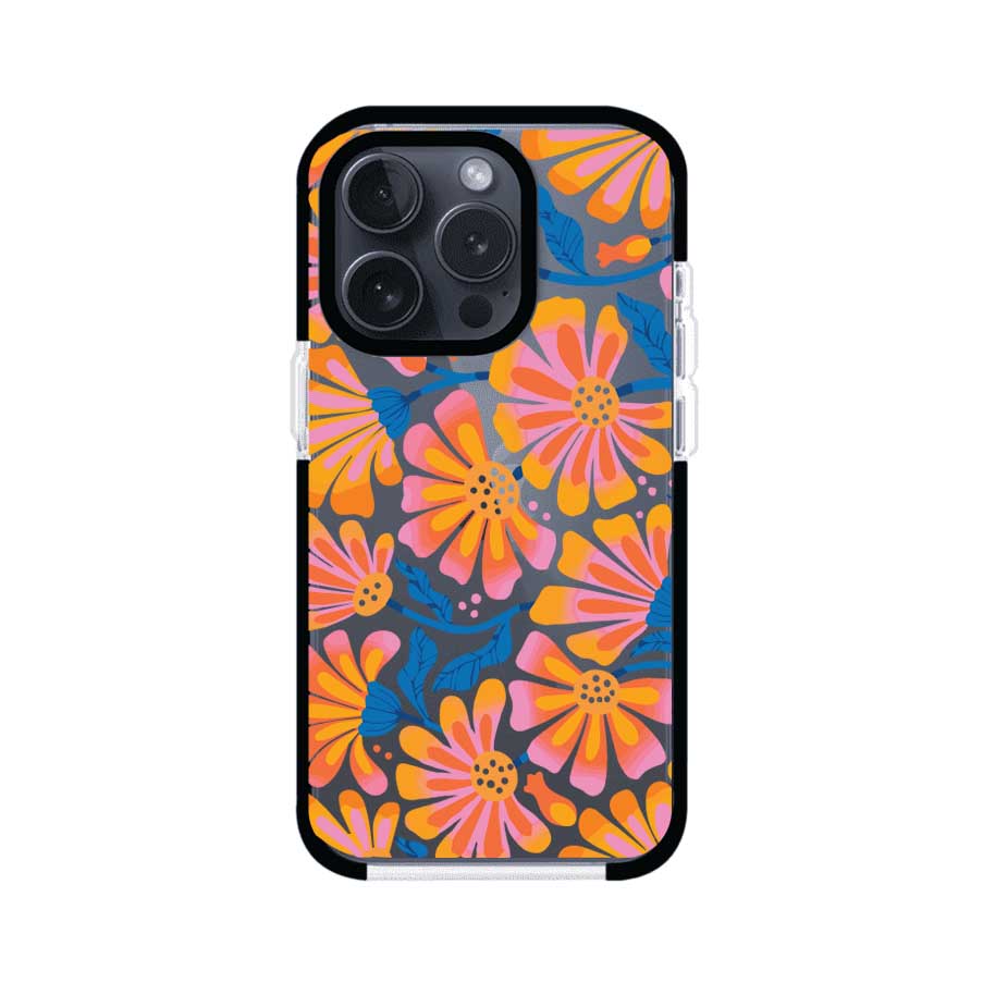 Funda personalizada para iPhone con diseño floral estilo Sunset Blossom en tonos naranjas, rosas y azules. Ideal para primavera/verano, producto de Remark MX