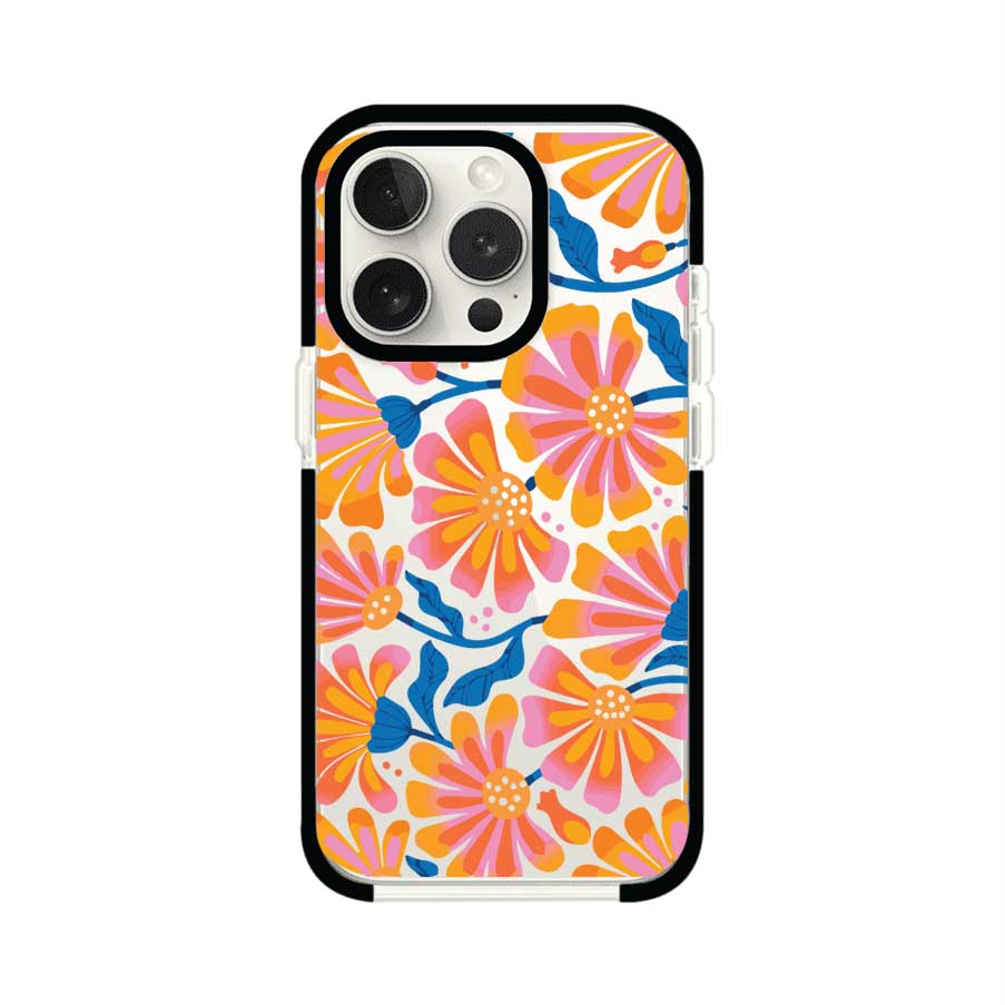Funda personalizada para iPhone con diseño floral estilo Sunset Blossom en tonos naranjas, rosas y azules. Ideal para primavera/verano, producto de Remark MX