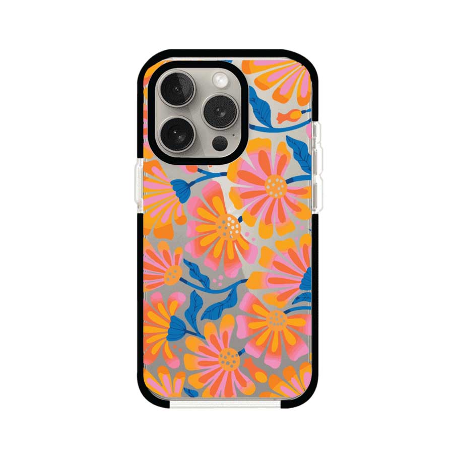 Funda personalizada para iPhone con diseño floral estilo Sunset Blossom en tonos naranjas, rosas y azules. Ideal para primavera/verano, producto de Remark MX