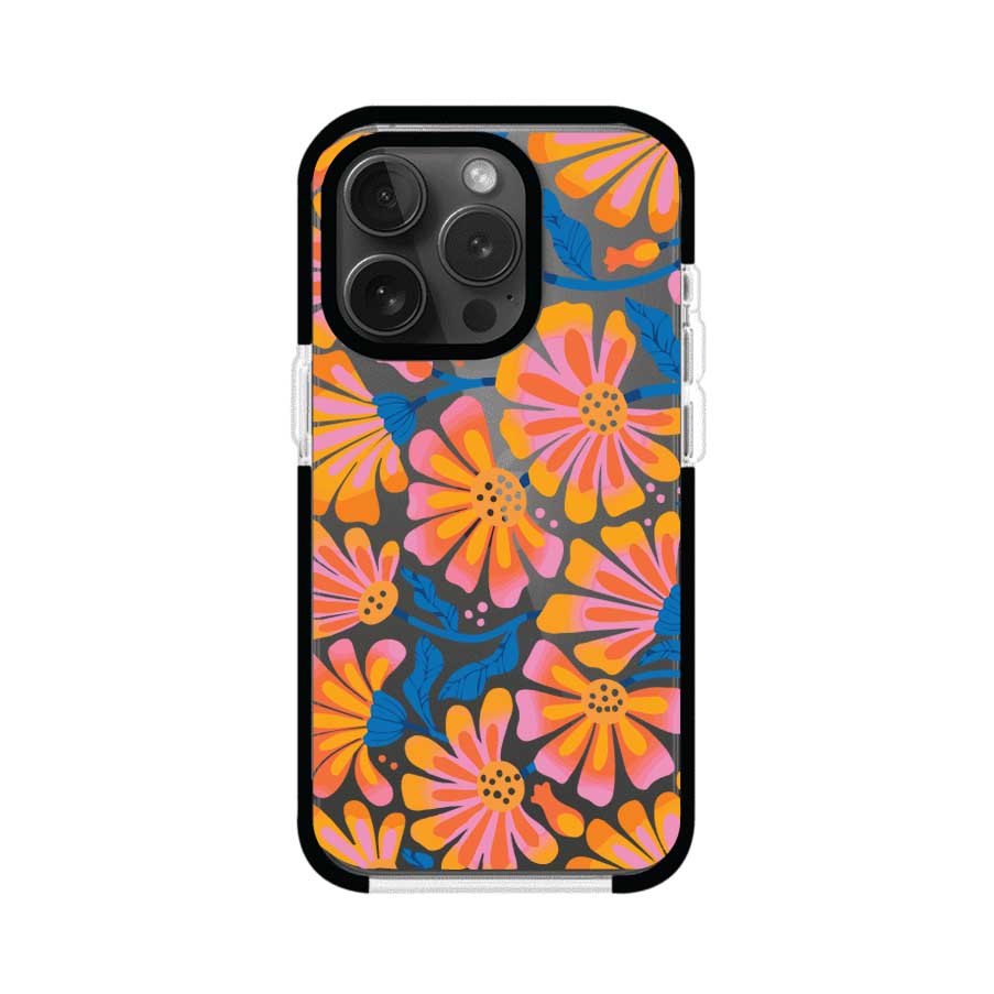 Funda personalizada para iPhone con diseño floral estilo Sunset Blossom en tonos naranjas, rosas y azules. Ideal para primavera/verano, producto de Remark MX