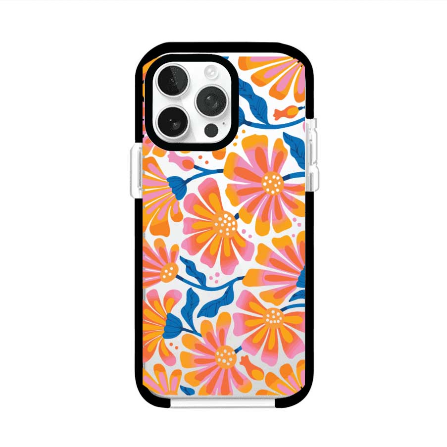 Funda personalizada para iPhone con diseño floral estilo Sunset Blossom en tonos naranjas, rosas y azules. Ideal para primavera/verano, producto de Remark MX