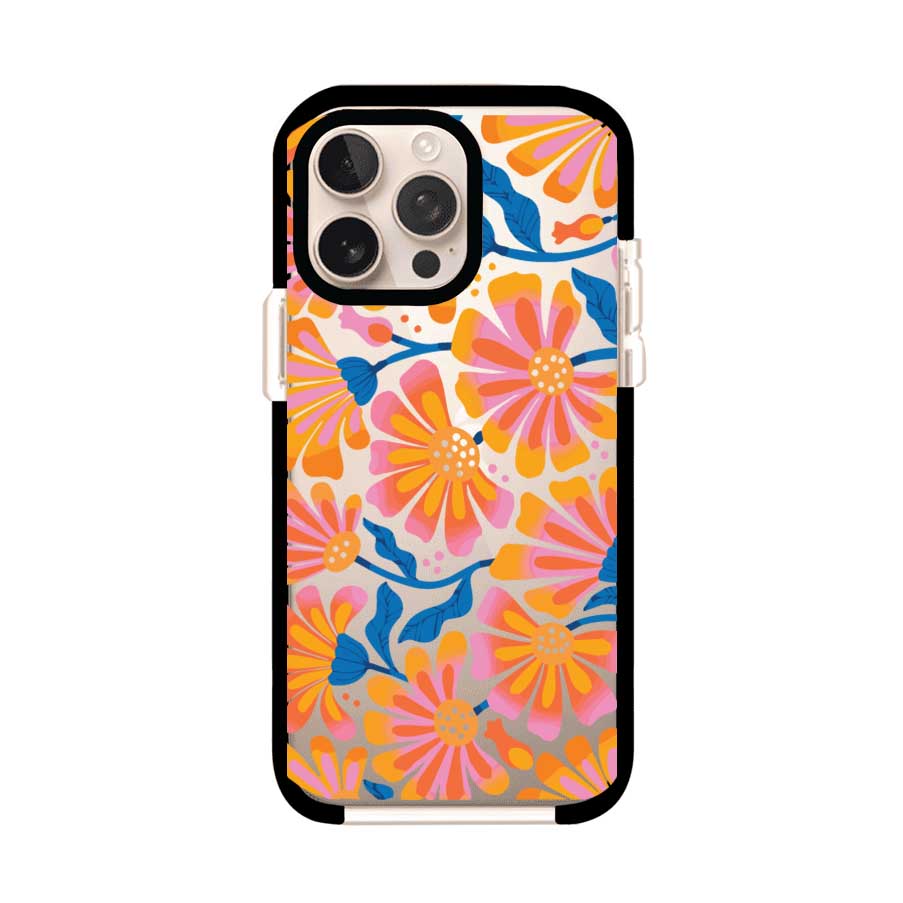 Funda personalizada para iPhone con diseño floral estilo Sunset Blossom en tonos naranjas, rosas y azules. Ideal para primavera/verano, producto de Remark MX