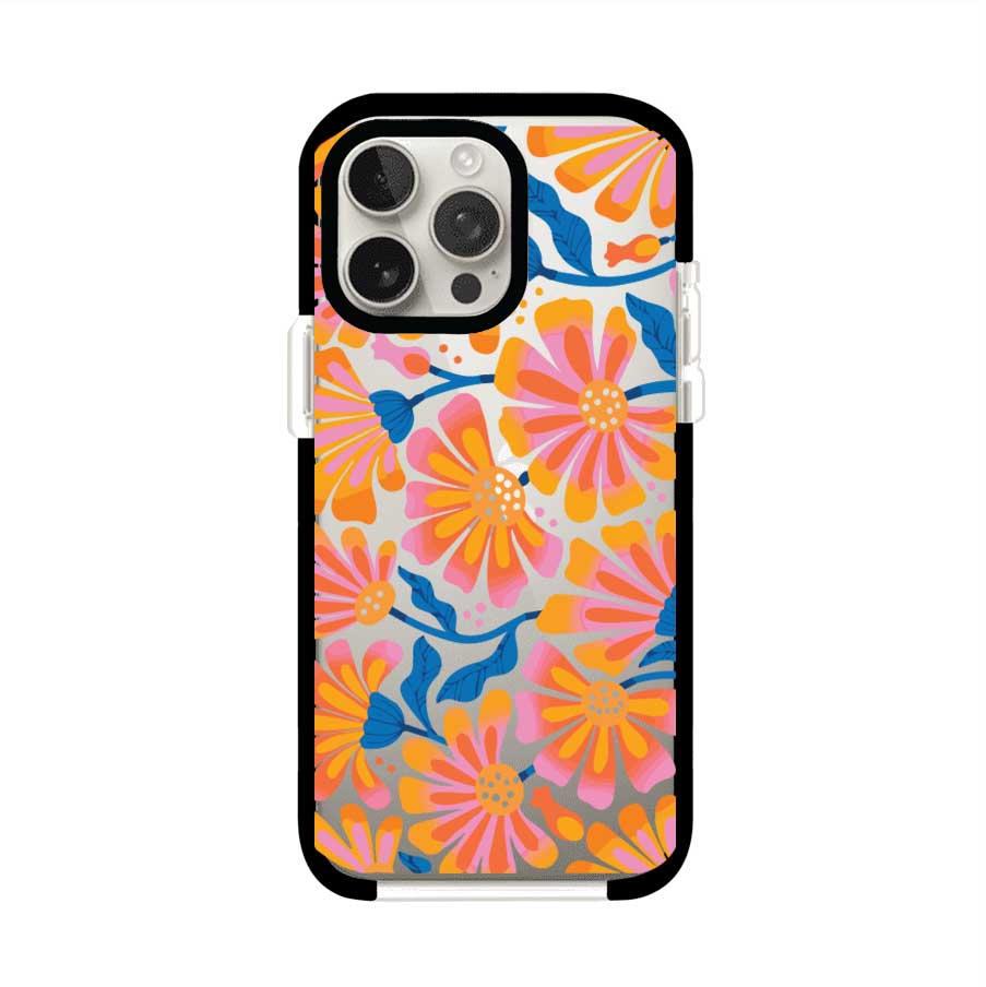 Funda personalizada para iPhone con diseño floral estilo Sunset Blossom en tonos naranjas, rosas y azules. Ideal para primavera/verano, producto de Remark MX