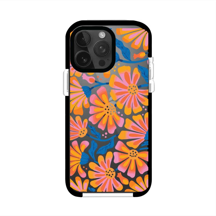 Funda personalizada para iPhone con diseño floral estilo Sunset Blossom en tonos naranjas, rosas y azules. Ideal para primavera/verano, producto de Remark MX
