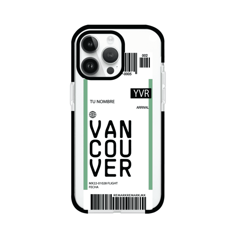 Funda personalizada estilo pase de abordar con diseño de Vancouver y código YVR, personalizable con nombre y datos de vuelo; producto de Remark MX para iPhone