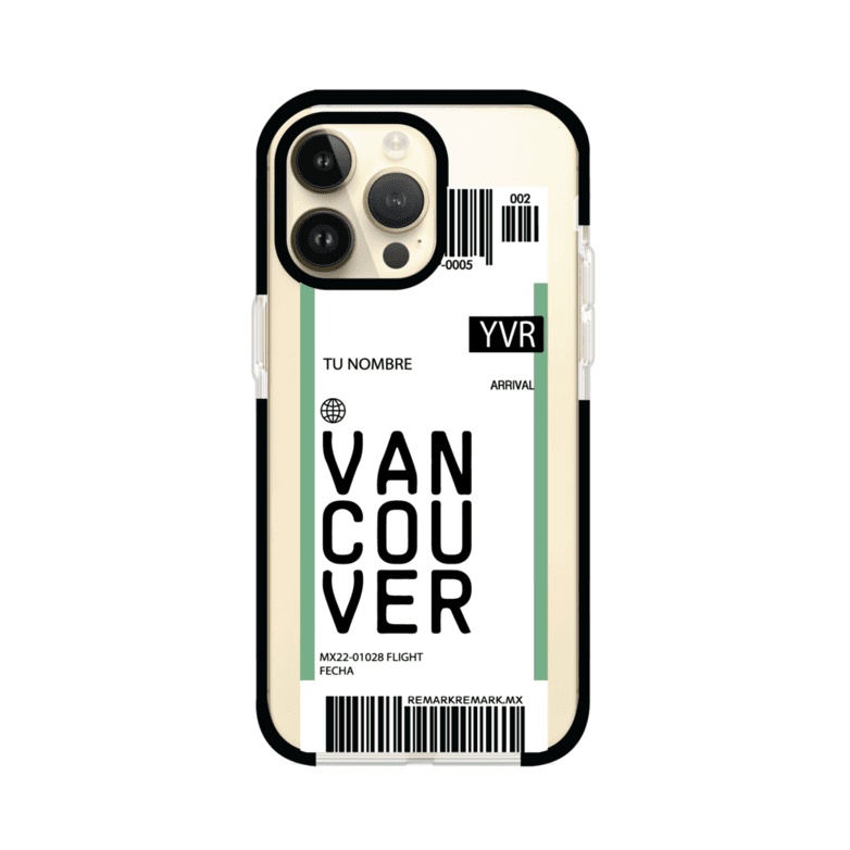 Funda personalizada estilo pase de abordar con diseño de Vancouver y código YVR, personalizable con nombre y datos de vuelo; producto de Remark MX para iPhone