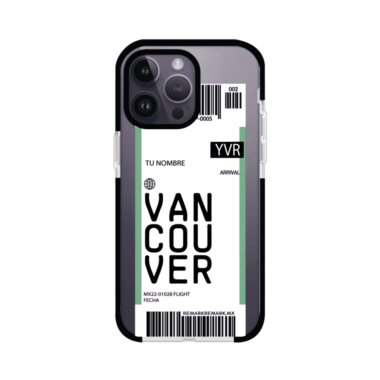 Funda personalizada estilo pase de abordar con diseño de Vancouver y código YVR, personalizable con nombre y datos de vuelo; producto de Remark MX para iPhone