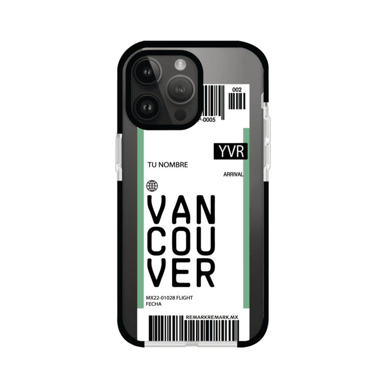 Funda personalizada estilo pase de abordar con diseño de Vancouver y código YVR, personalizable con nombre y datos de vuelo; producto de Remark MX para iPhone