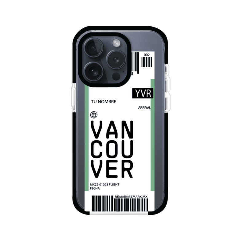 Funda personalizada estilo pase de abordar con diseño de Vancouver y código YVR, personalizable con nombre y datos de vuelo; producto de Remark MX para iPhone