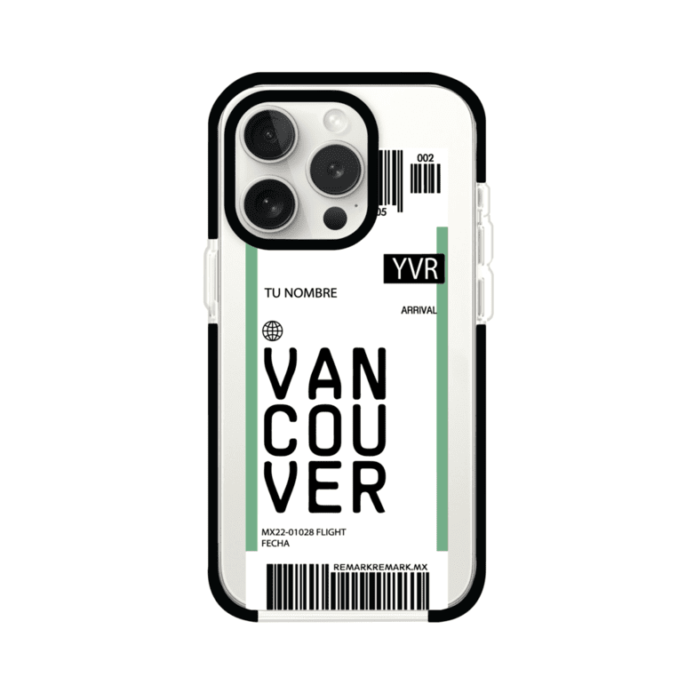 Funda personalizada estilo pase de abordar con diseño de Vancouver y código YVR, personalizable con nombre y datos de vuelo; producto de Remark MX para iPhone