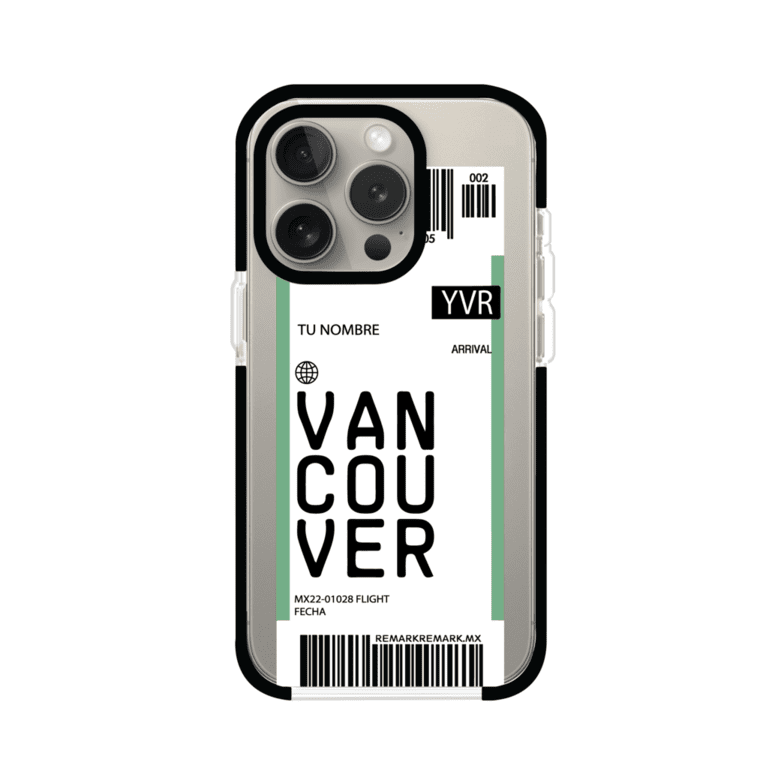 Funda personalizada estilo pase de abordar con diseño de Vancouver y código YVR, personalizable con nombre y datos de vuelo; producto de Remark MX para iPhone
