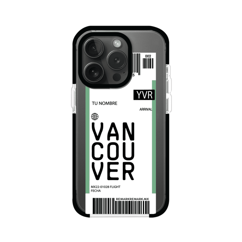 Funda personalizada estilo pase de abordar con diseño de Vancouver y código YVR, personalizable con nombre y datos de vuelo; producto de Remark MX para iPhone