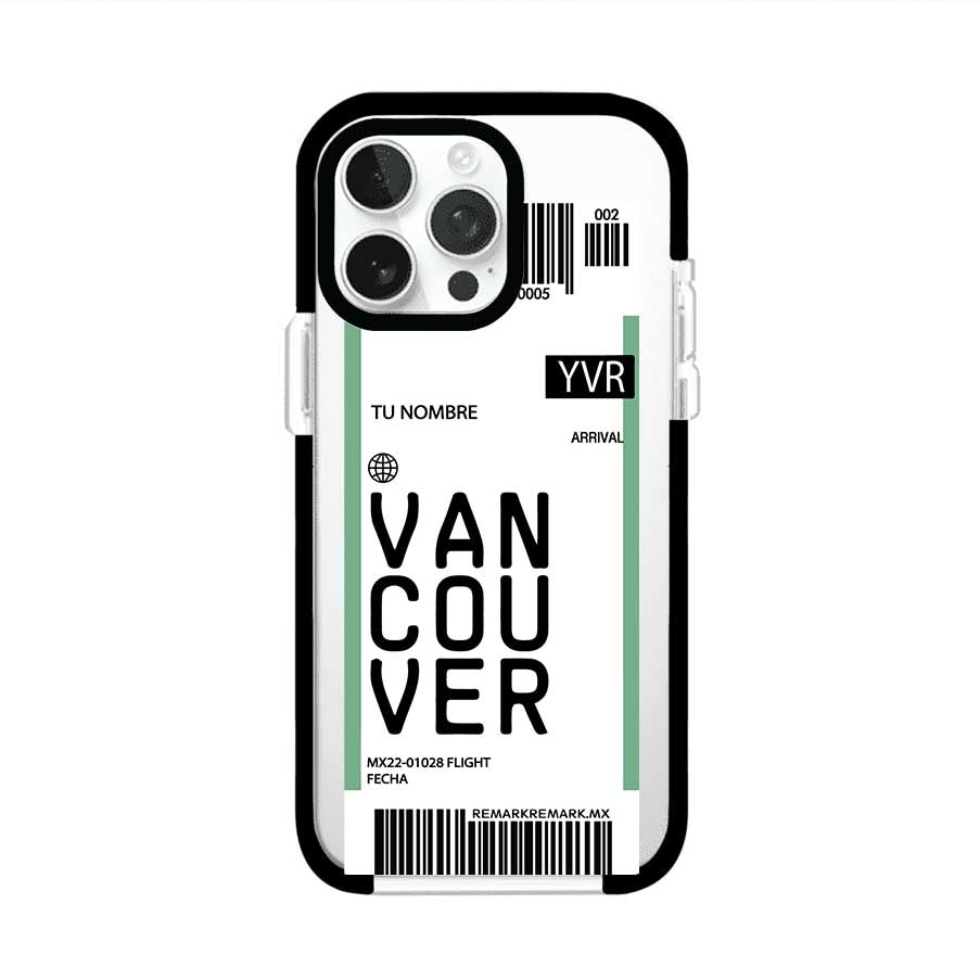 Funda personalizada estilo pase de abordar con diseño de Vancouver y código YVR, personalizable con nombre y datos de vuelo; producto de Remark MX para iPhone