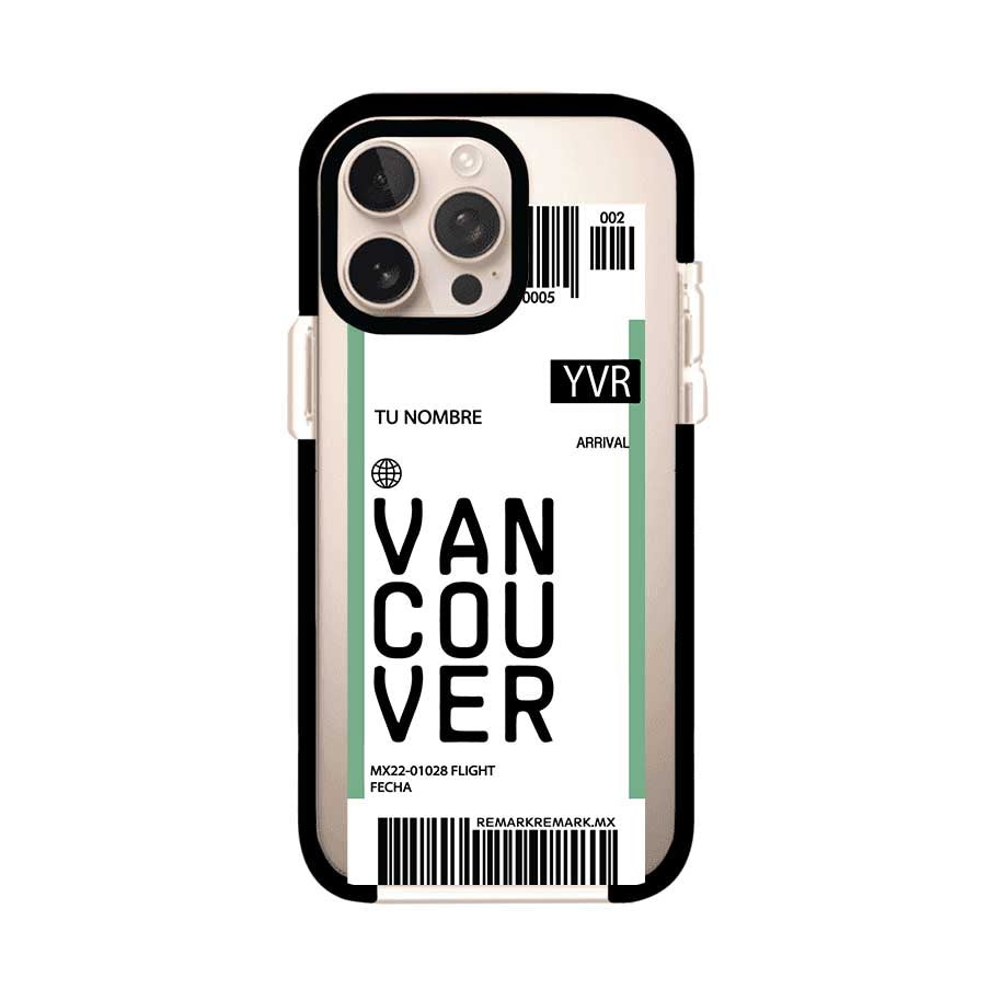 Funda personalizada estilo pase de abordar con diseño de Vancouver y código YVR, personalizable con nombre y datos de vuelo; producto de Remark MX para iPhone
