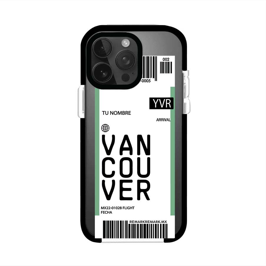 Funda personalizada estilo pase de abordar con diseño de Vancouver y código YVR, personalizable con nombre y datos de vuelo; producto de Remark MX para iPhone