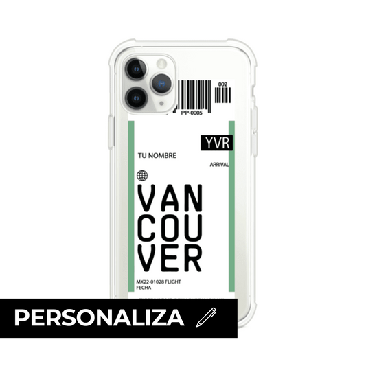 Funda personalizada estilo pase de abordar con diseño de Vancouver y código YVR, personalizable con nombre y datos de vuelo; producto de Remark MX para iPhone