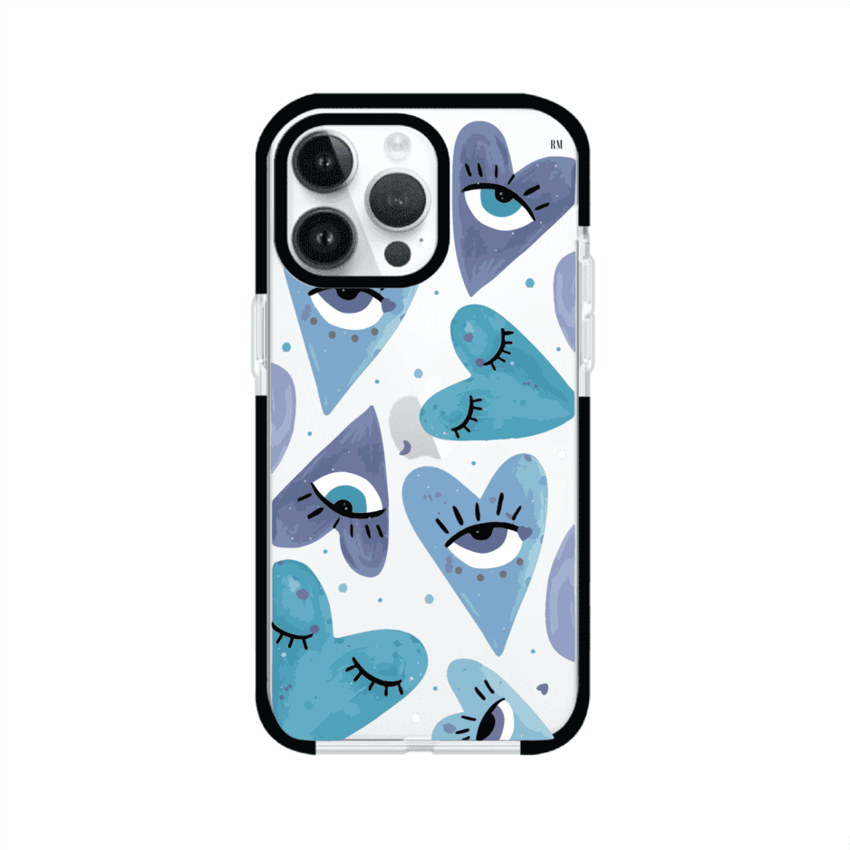 Funda para iPhone con corazones azules y ojos ilustrados, diseño artístico original y expresivo para un estilo auténtico. Producto de Remark Mx