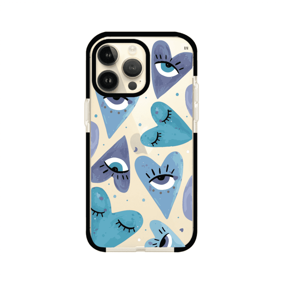 Funda para iPhone con corazones azules y ojos ilustrados, diseño artístico original y expresivo para un estilo auténtico. Producto de Remark Mx