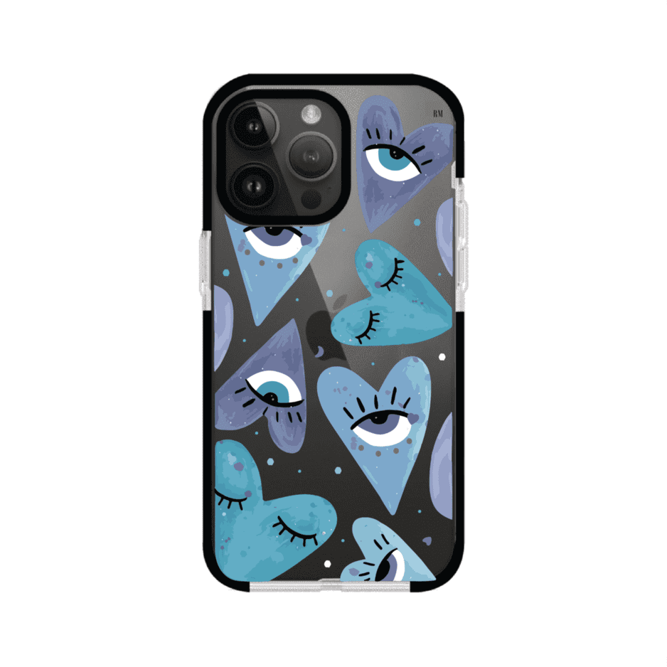 Funda para iPhone con corazones azules y ojos ilustrados, diseño artístico original y expresivo para un estilo auténtico. Producto de Remark Mx