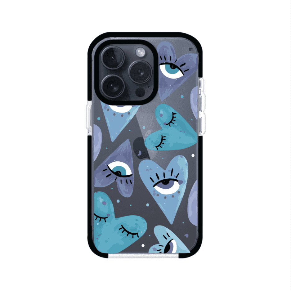 Funda para iPhone con corazones azules y ojos ilustrados, diseño artístico original y expresivo para un estilo auténtico. Producto de Remark Mx