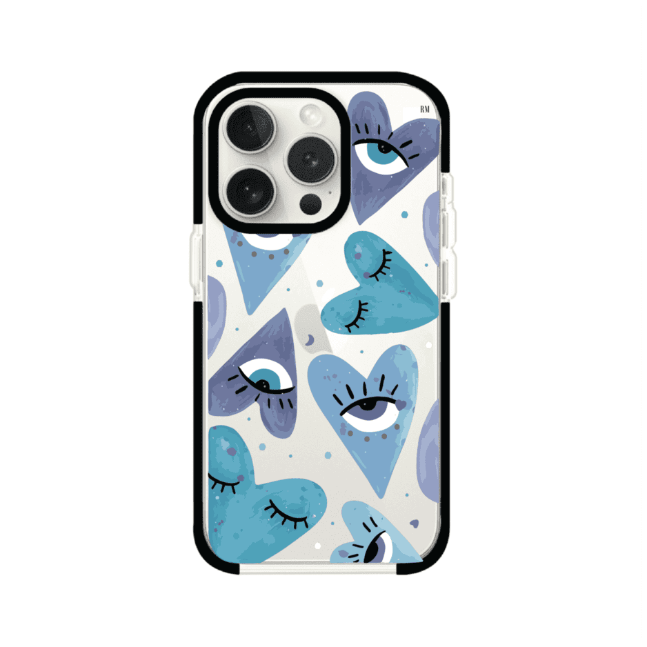 Funda para iPhone con corazones azules y ojos ilustrados, diseño artístico original y expresivo para un estilo auténtico. Producto de Remark Mx