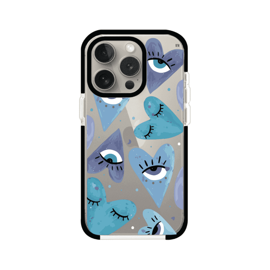 Funda para iPhone con corazones azules y ojos ilustrados, diseño artístico original y expresivo para un estilo auténtico. Producto de Remark Mx