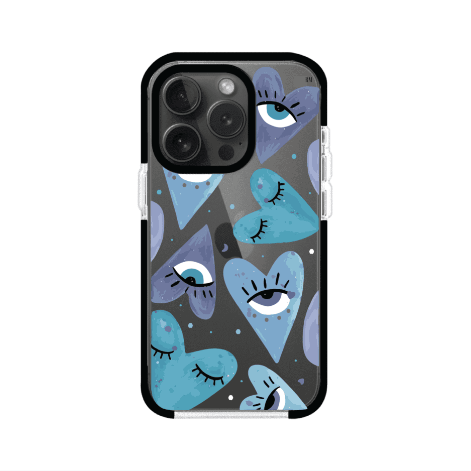 Funda para iPhone con corazones azules y ojos ilustrados, diseño artístico original y expresivo para un estilo auténtico. Producto de Remark Mx