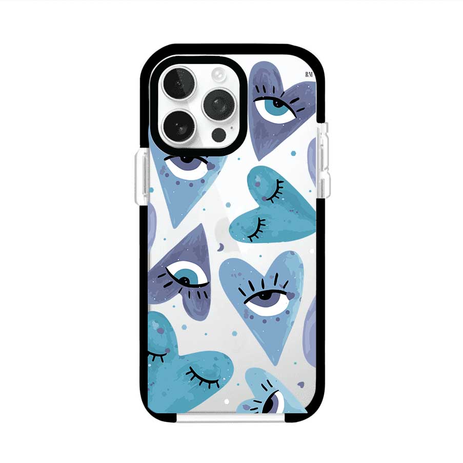 Funda para iPhone con corazones azules y ojos ilustrados, diseño artístico original y expresivo para un estilo auténtico. Producto de Remark Mx