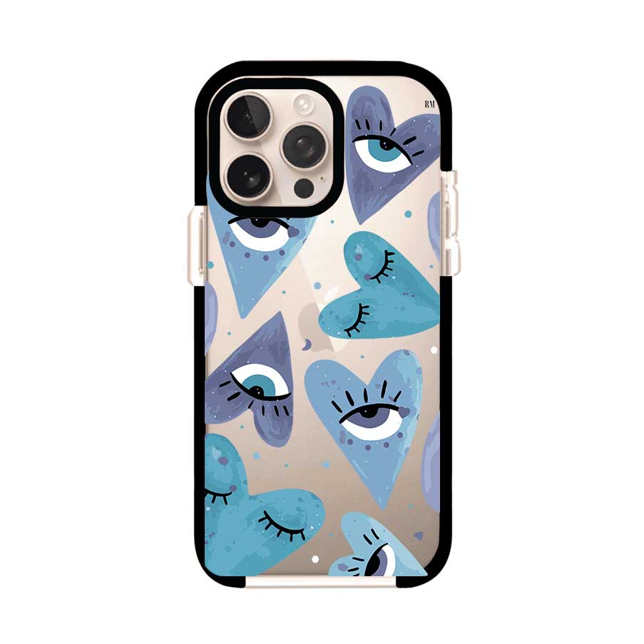 Funda para iPhone con corazones azules y ojos ilustrados, diseño artístico original y expresivo para un estilo auténtico. Producto de Remark Mx