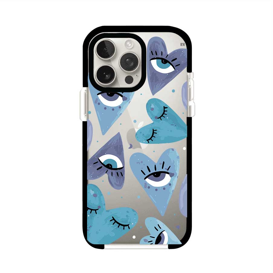 Funda para iPhone con corazones azules y ojos ilustrados, diseño artístico original y expresivo para un estilo auténtico. Producto de Remark Mx