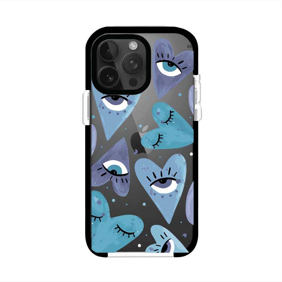 Funda para iPhone con corazones azules y ojos ilustrados, diseño artístico original y expresivo para un estilo auténtico. Producto de Remark Mx