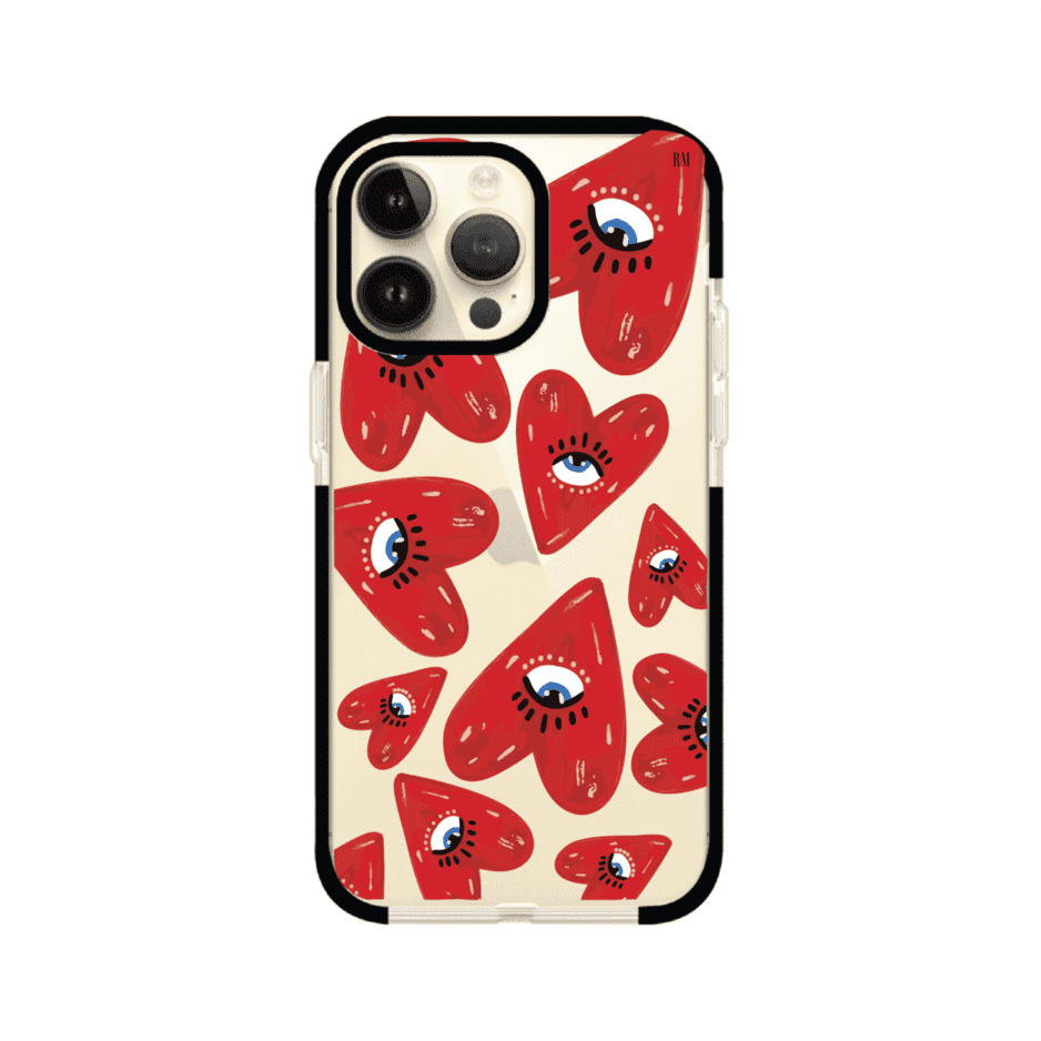 Funda para iPhone con diseño de corazones rojos ilustrados con ojos al centro. Estilo artístico, llamativo y original. Ideal para quienes buscan un accesorio único. Diseño de Remark MX