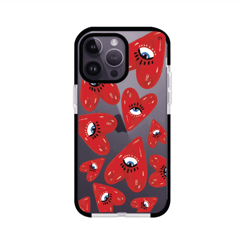 Funda para iPhone con diseño de corazones rojos ilustrados con ojos al centro. Estilo artístico, llamativo y original. Ideal para quienes buscan un accesorio único. Diseño de Remark MX
