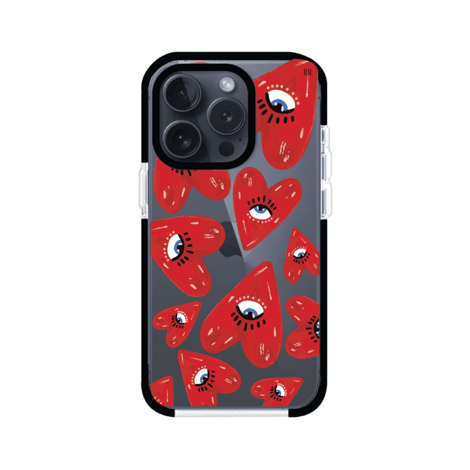 Funda para iPhone con diseño de corazones rojos ilustrados con ojos al centro. Estilo artístico, llamativo y original. Ideal para quienes buscan un accesorio único. Diseño de Remark MX