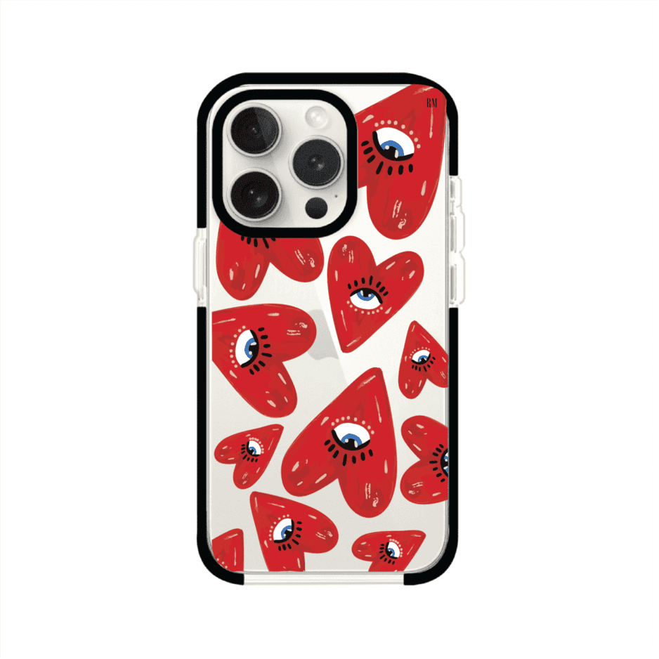 Funda para iPhone con diseño de corazones rojos ilustrados con ojos al centro. Estilo artístico, llamativo y original. Ideal para quienes buscan un accesorio único. Diseño de Remark MX