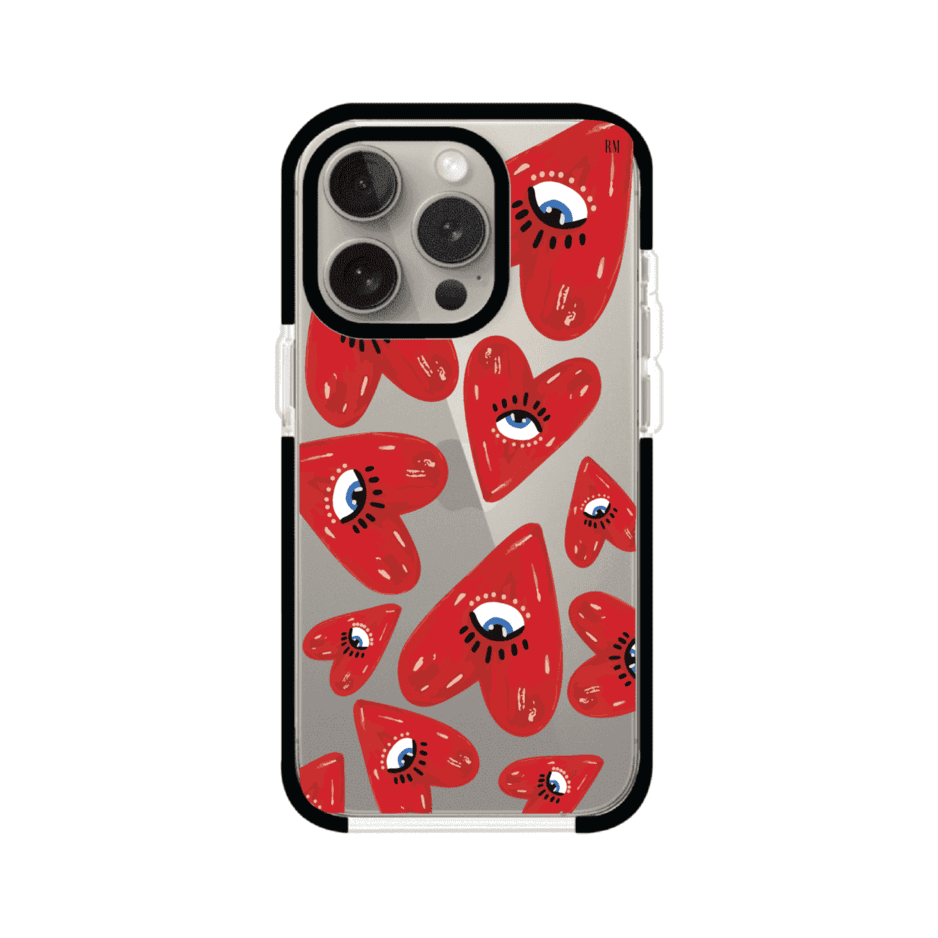 Funda para iPhone con diseño de corazones rojos ilustrados con ojos al centro. Estilo artístico, llamativo y original. Ideal para quienes buscan un accesorio único. Diseño de Remark MX