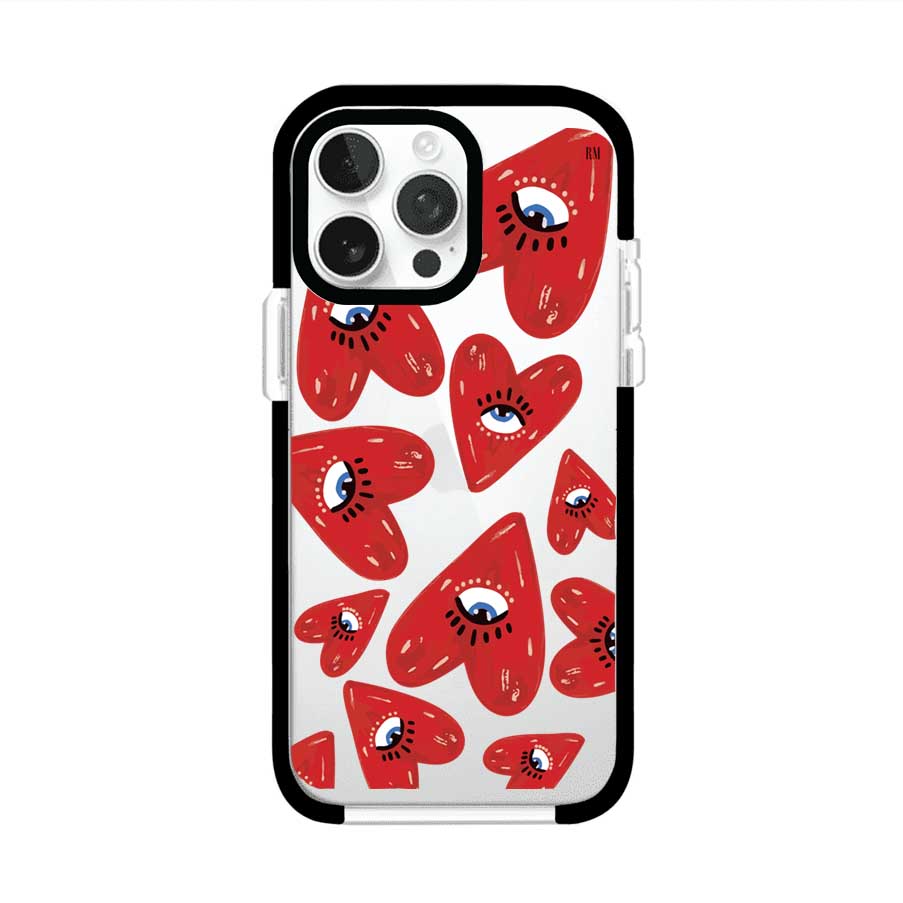 Funda para iPhone con diseño de corazones rojos ilustrados con ojos al centro. Estilo artístico, llamativo y original. Ideal para quienes buscan un accesorio único. Diseño de Remark MX