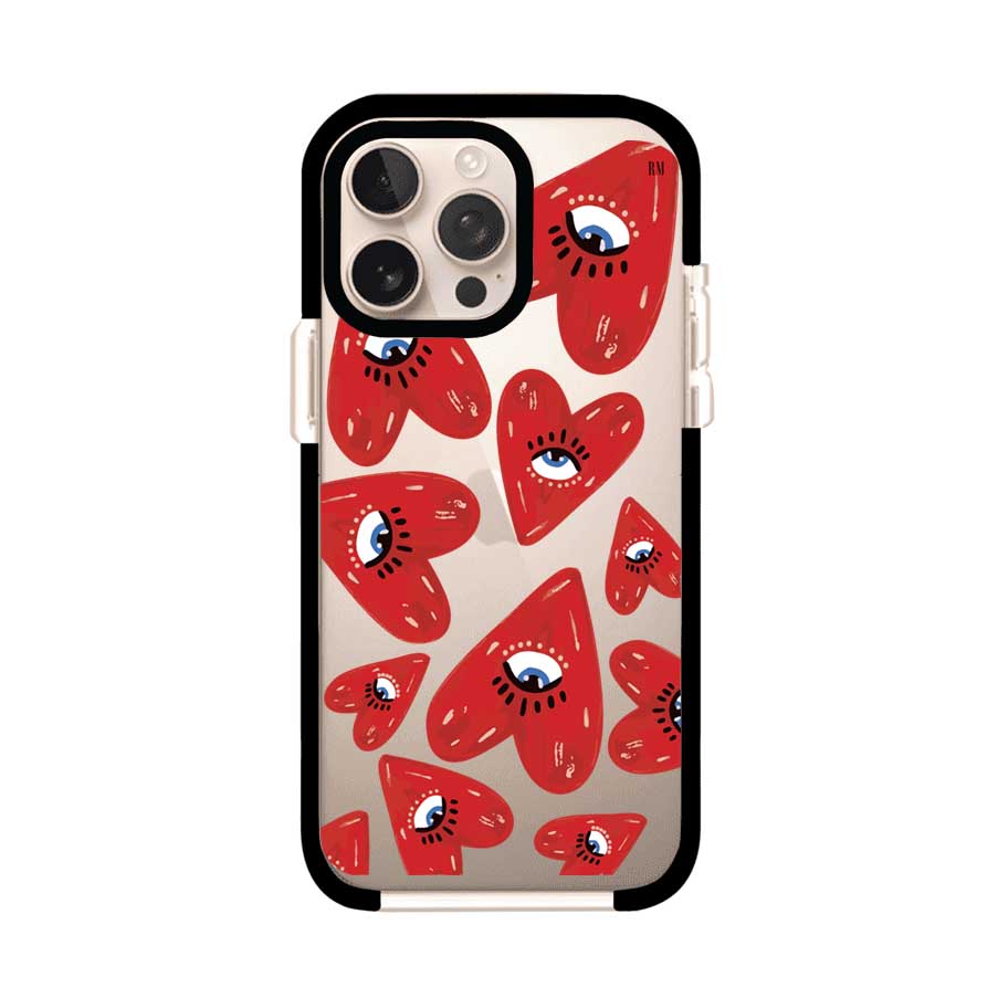 Funda para iPhone con diseño de corazones rojos ilustrados con ojos al centro. Estilo artístico, llamativo y original. Ideal para quienes buscan un accesorio único. Diseño de Remark MX
